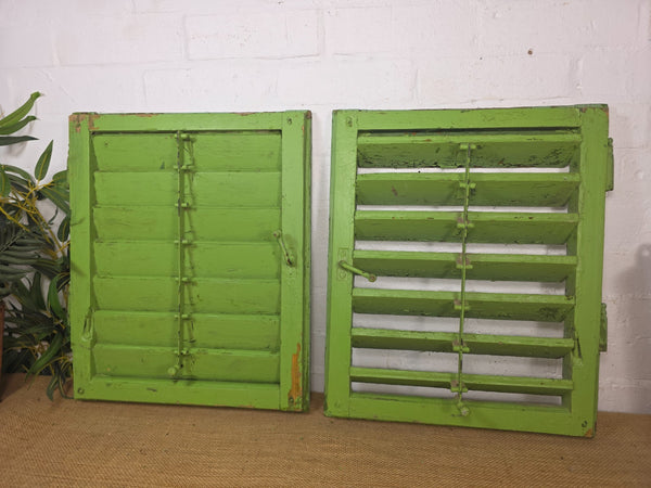 Pair Small Vintage Rustic French Green Wooden Louvered Window Shutters