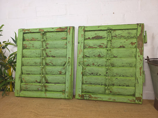 Pair Small Vintage Rustic French Green Wooden Louvered Window Shutters