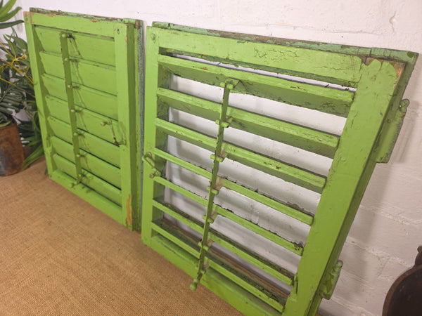 Pair Small Vintage Rustic French Green Wooden Louvered Window Shutters