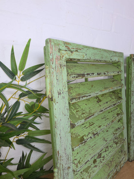 Pair Small Vintage Rustic French Green Wooden Louvered Window Shutters