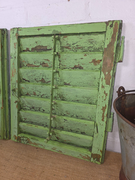 Pair Small Vintage Rustic French Green Wooden Louvered Window Shutters