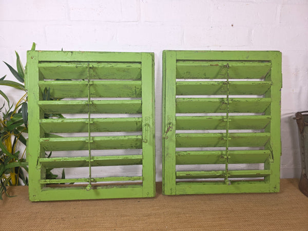 Pair Small Vintage Rustic French Green Wooden Louvered Window Shutters