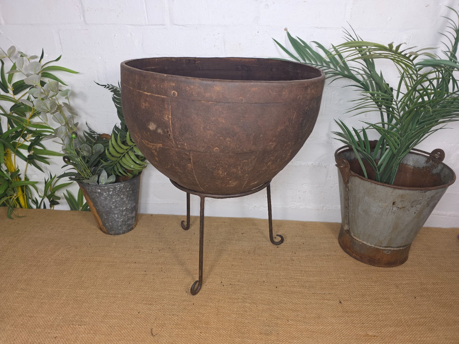 Large Heavy Duty Riveted Iron Indian Kadai Fire Pit Garden Planter Drinks Cooler