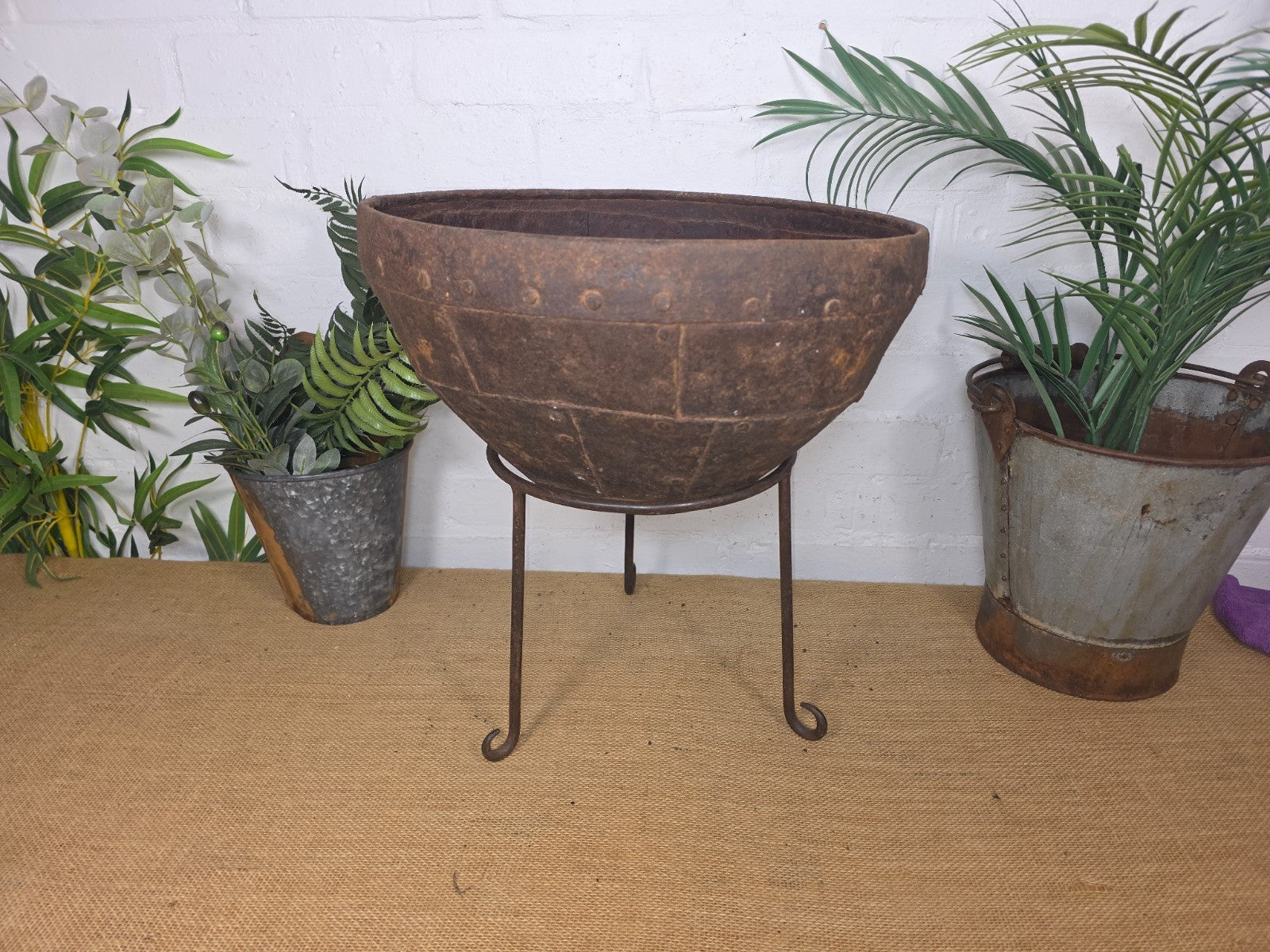 Large Heavy Duty Riveted Iron Indian Kadai Fire Pit Garden Planter Drinks Cooler