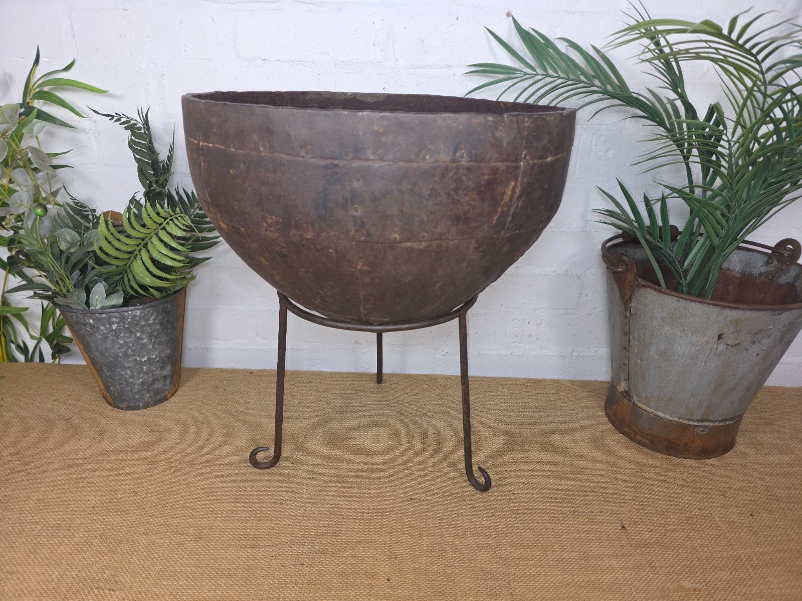 Large Heavy Duty Riveted Iron Indian Kadai Fire Pit Garden Planter Drinks Cooler