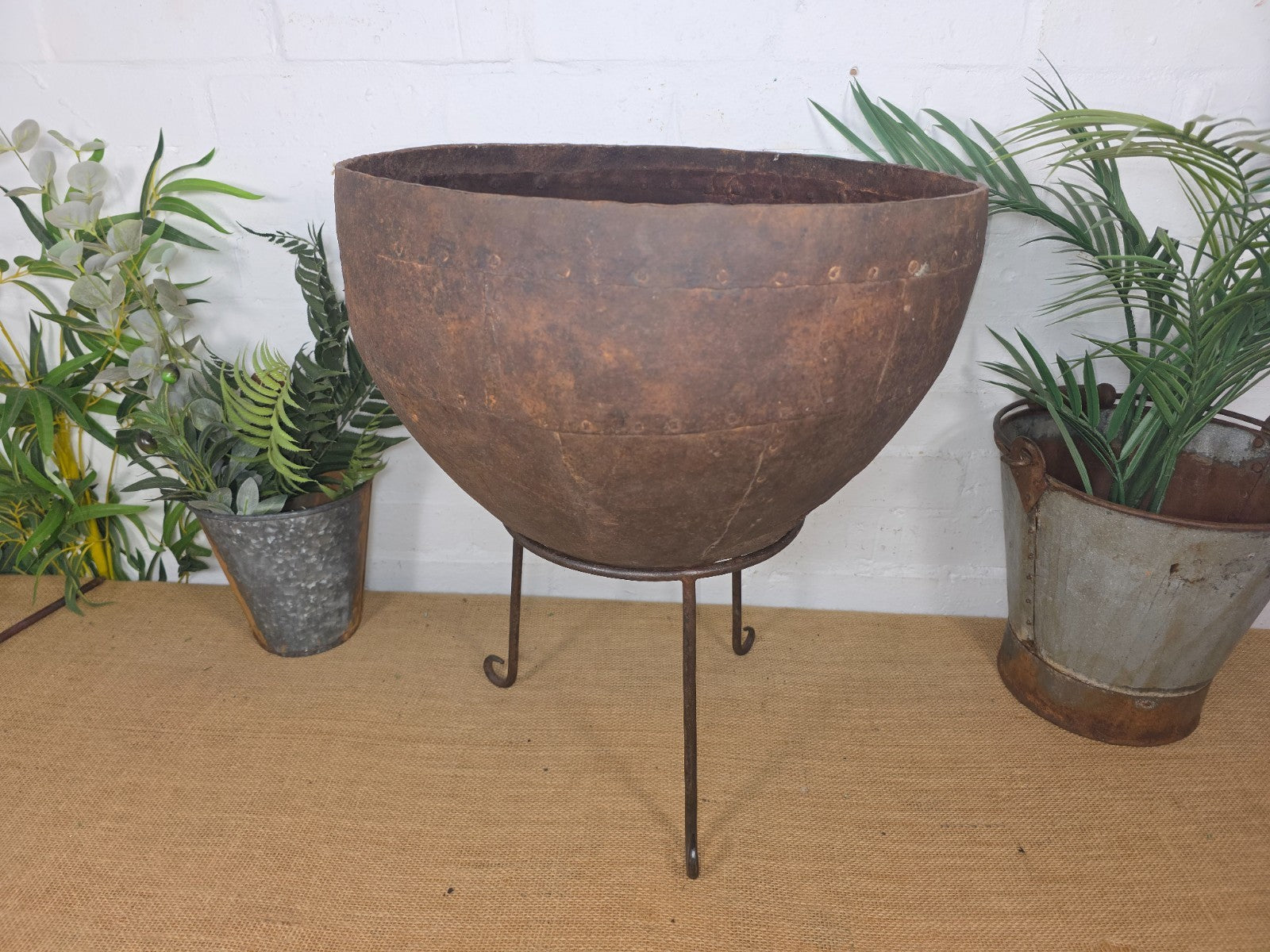 Large Heavy Duty Riveted Iron Indian Kadai Fire Pit Garden Planter Drinks Cooler