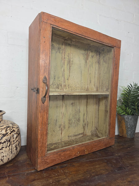 Vintage Indian Colonial Wooden Glazed Shop Display Bathroom Kitchen Wall Cabinet