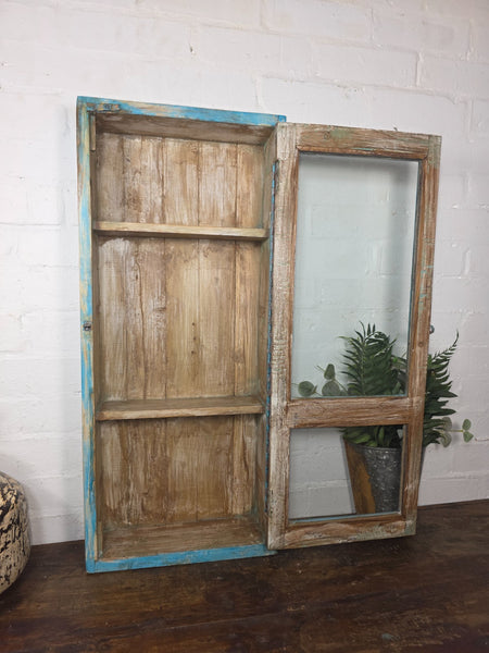 Vintage Indian Colonial Wooden Glazed Shop Display Bathroom Kitchen Wall Cabinet