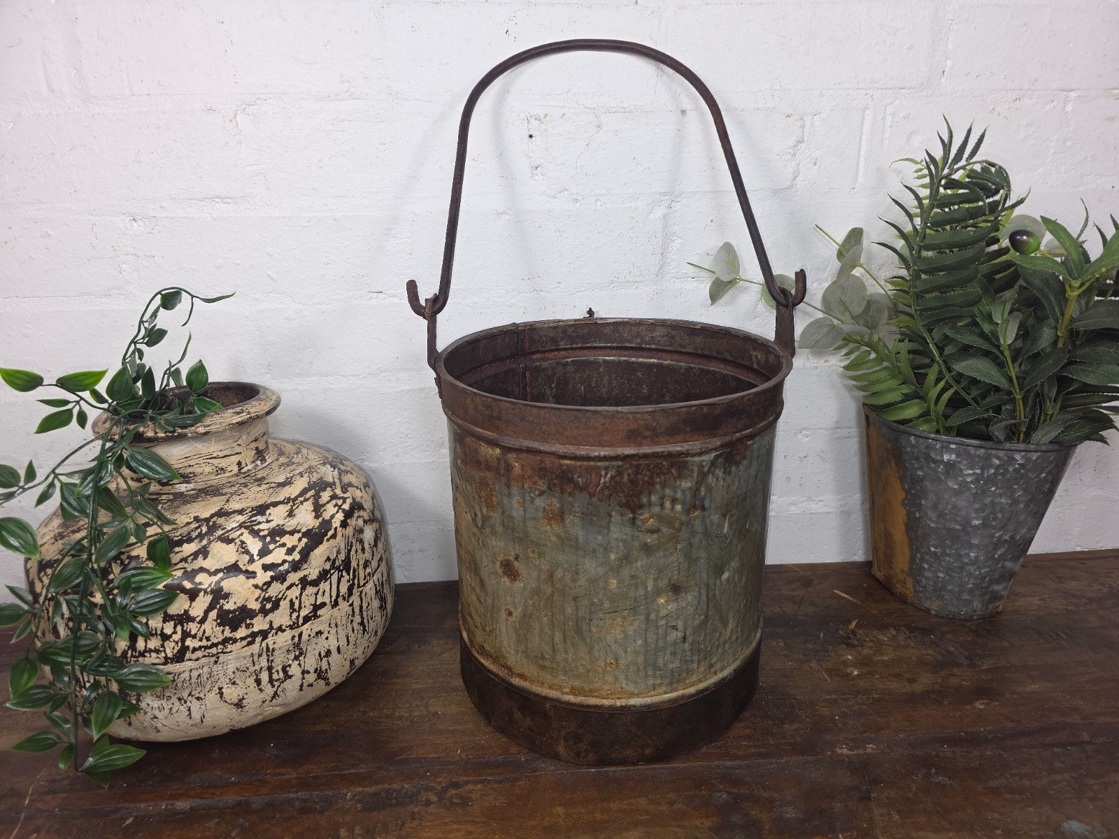 Vintage Heavy Duty Galvanised Iron Bucket With Handle Hanging Garden Planter