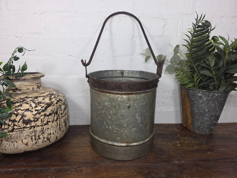 Vintage Heavy Duty Galvanised Iron Bucket With Handle Hanging Garden Planter
