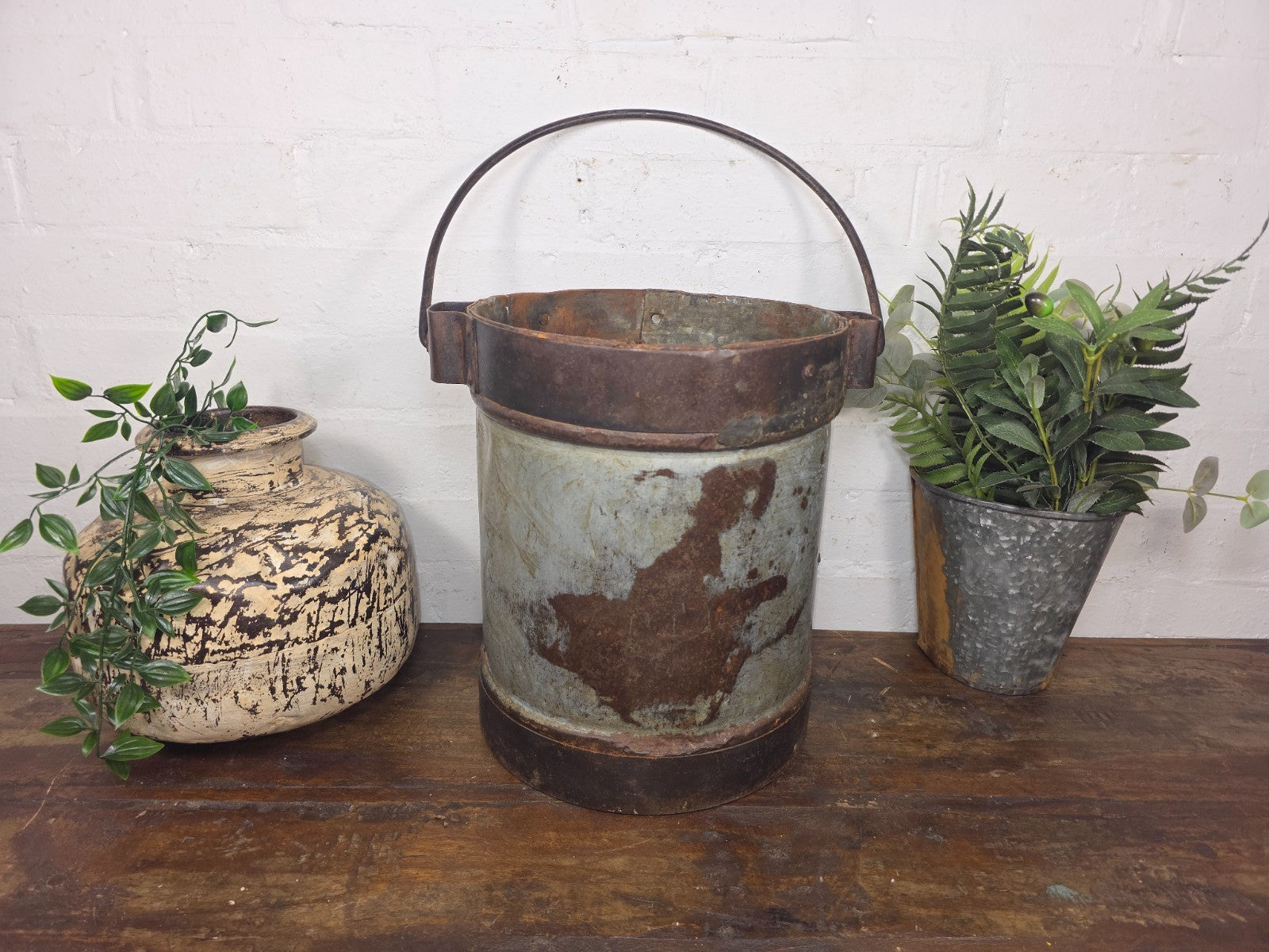 Vintage Heavy Duty Galvanised Iron Bucket With Handle Hanging Garden Planter