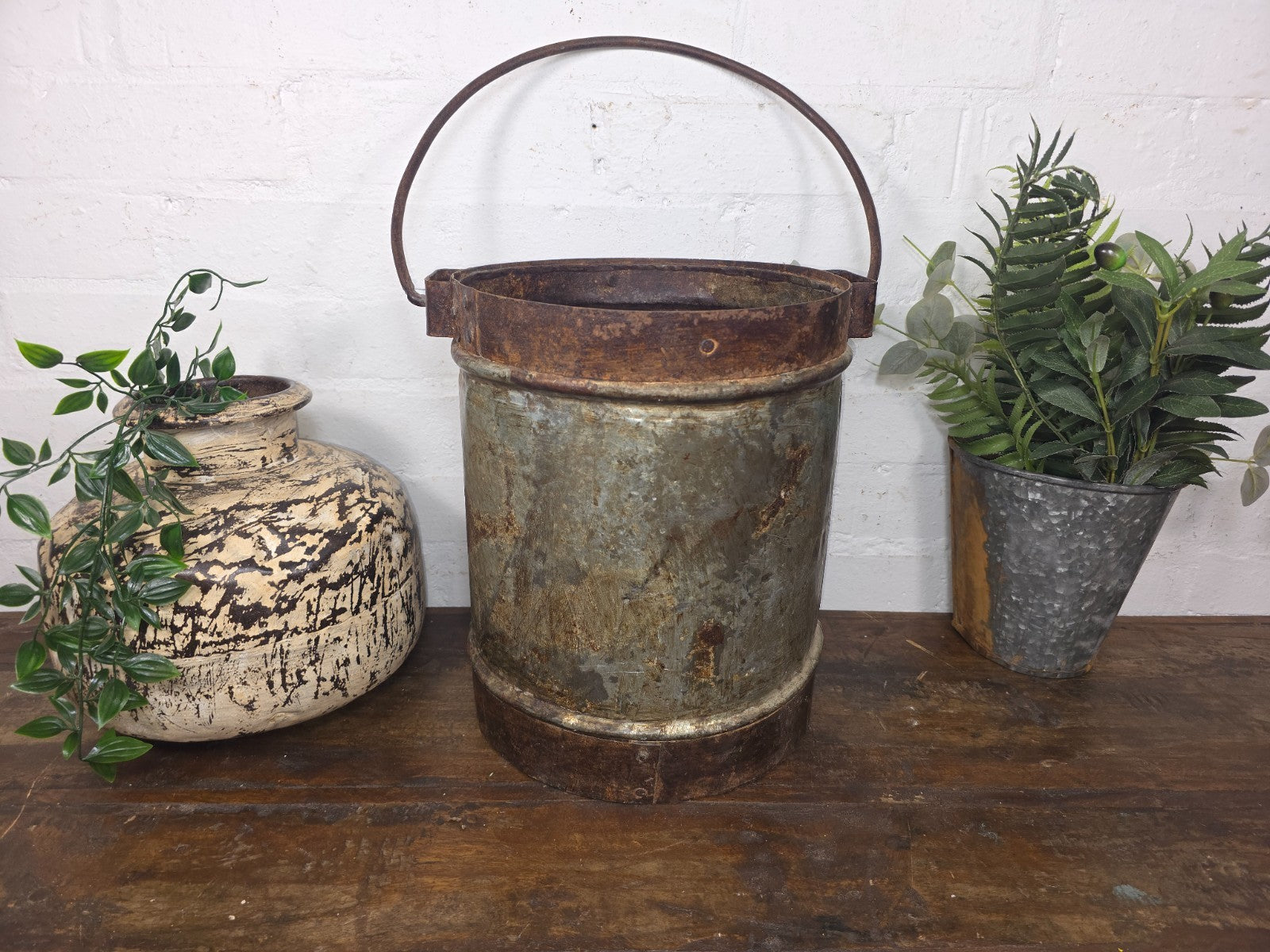 Vintage Heavy Duty Galvanised Iron Bucket With Handle Hanging Garden Planter