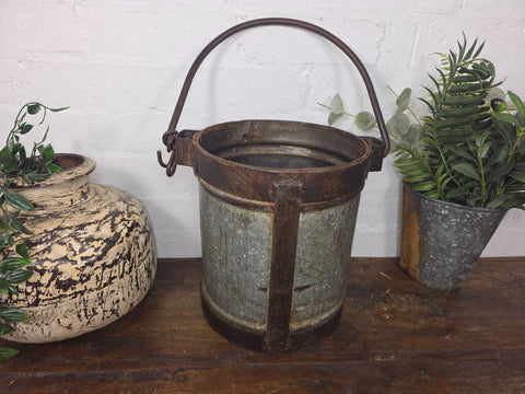 Vintage Heavy Duty Galvanised Iron Bucket With Handle Hanging Garden Planter