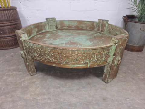 Vintage Reclaimed Wabi Sabi Indian Wooden Spice Grinding Chakki Low Coffee Table