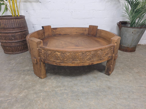 Vintage Reclaimed Wabi Sabi Indian Wooden Spice Grinding Chakki Low Coffee Table