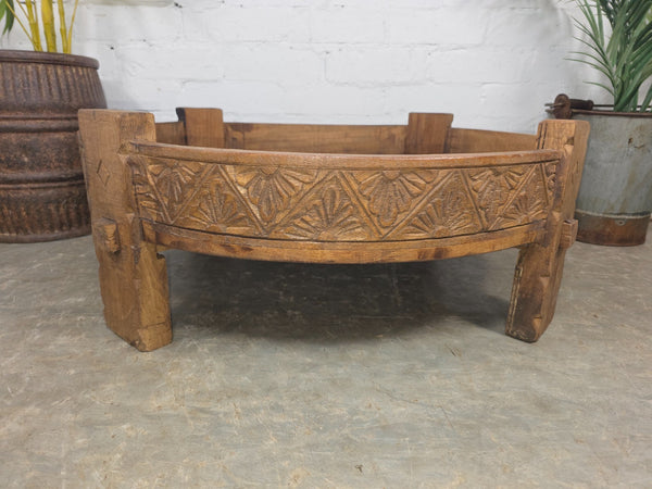Vintage Reclaimed Wabi Sabi Indian Wooden Spice Grinding Chakki Low Coffee Table