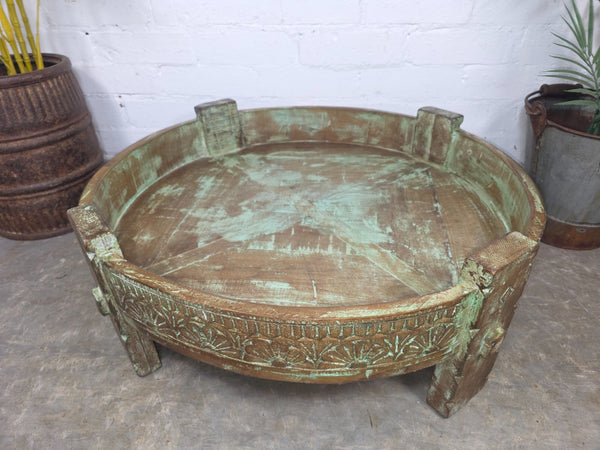 Vintage Reclaimed Wabi Sabi Indian Wooden Spice Grinding Chakki Low Coffee Table