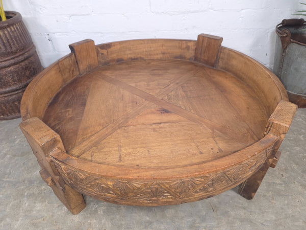 Vintage Reclaimed Wabi Sabi Indian Wooden Spice Grinding Chakki Low Coffee Table