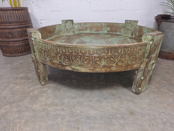 Vintage Reclaimed Wabi Sabi Indian Wooden Spice Grinding Chakki Low Coffee Table