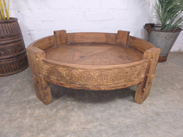 Vintage Reclaimed Wabi Sabi Indian Wooden Spice Grinding Chakki Low Coffee Table