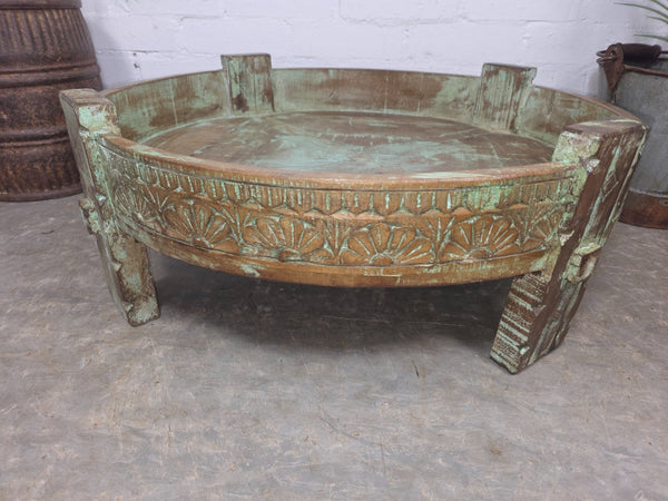 Vintage Reclaimed Wabi Sabi Indian Wooden Spice Grinding Chakki Low Coffee Table