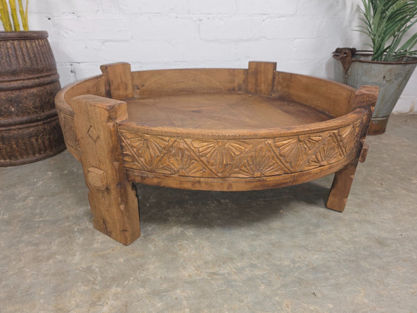 Vintage Reclaimed Wabi Sabi Indian Wooden Spice Grinding Chakki Low Coffee Table