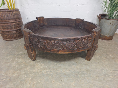 Vintage Reclaimed Wabi Sabi Indian Wooden Spice Grinding Chakki Low Coffee Table