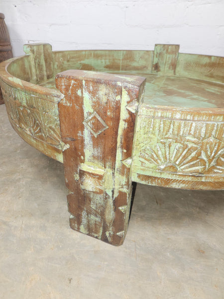 Vintage Reclaimed Wabi Sabi Indian Wooden Spice Grinding Chakki Low Coffee Table