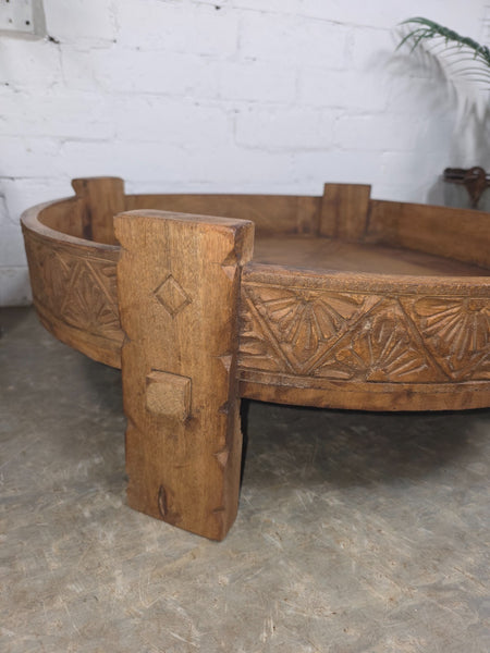 Vintage Reclaimed Wabi Sabi Indian Wooden Spice Grinding Chakki Low Coffee Table