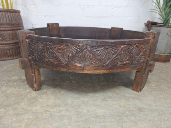Vintage Reclaimed Wabi Sabi Indian Wooden Spice Grinding Chakki Low Coffee Table