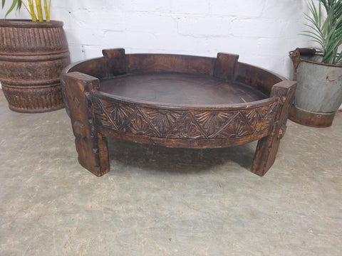 Vintage Reclaimed Wabi Sabi Indian Wooden Spice Grinding Chakki Low Coffee Table