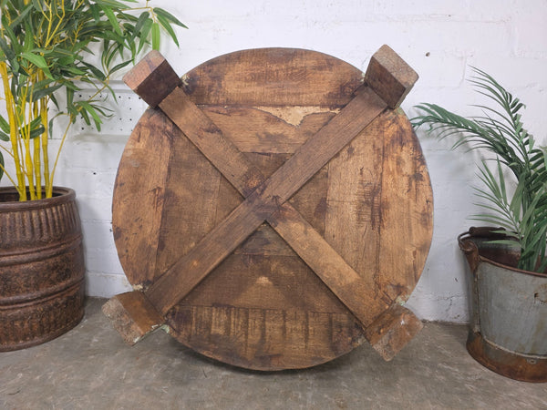 Vintage Reclaimed Wabi Sabi Indian Wooden Spice Grinding Chakki Low Coffee Table