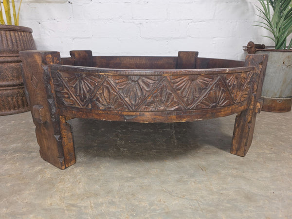Vintage Reclaimed Wabi Sabi Indian Wooden Spice Grinding Chakki Low Coffee Table