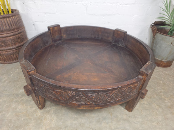 Vintage Reclaimed Wabi Sabi Indian Wooden Spice Grinding Chakki Low Coffee Table