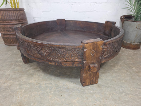 Vintage Reclaimed Wabi Sabi Indian Wooden Spice Grinding Chakki Low Coffee Table