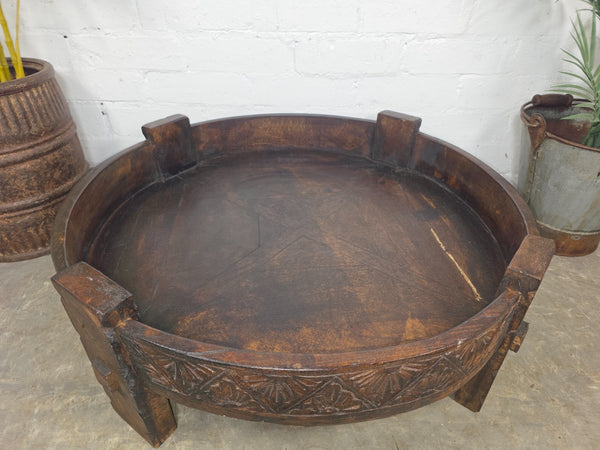 Vintage Reclaimed Wabi Sabi Indian Wooden Spice Grinding Chakki Low Coffee Table