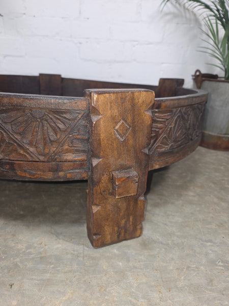 Vintage Reclaimed Wabi Sabi Indian Wooden Spice Grinding Chakki Low Coffee Table