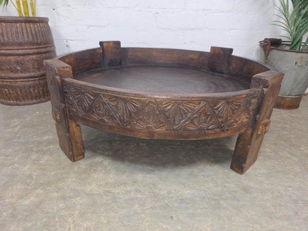 Vintage Reclaimed Wabi Sabi Indian Wooden Spice Grinding Chakki Low Coffee Table