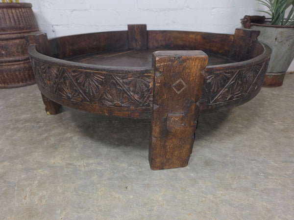 Vintage Reclaimed Wabi Sabi Indian Wooden Spice Grinding Chakki Low Coffee Table