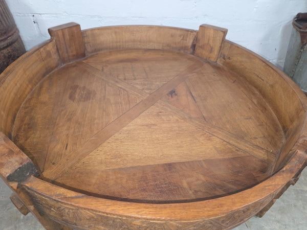 Vintage Reclaimed Wabi Sabi Indian Wooden Spice Grinding Chakki Low Coffee Table
