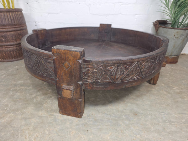 Vintage Reclaimed Wabi Sabi Indian Wooden Spice Grinding Chakki Low Coffee Table
