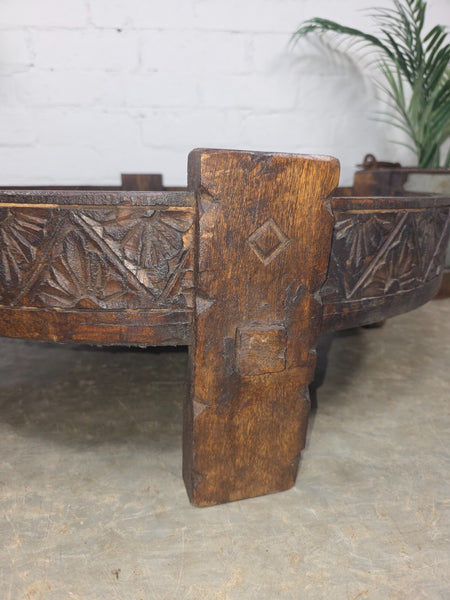 Vintage Reclaimed Wabi Sabi Indian Wooden Spice Grinding Chakki Low Coffee Table
