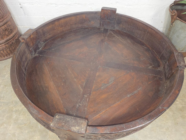 Vintage Reclaimed Wabi Sabi Indian Wooden Spice Grinding Chakki Low Coffee Table