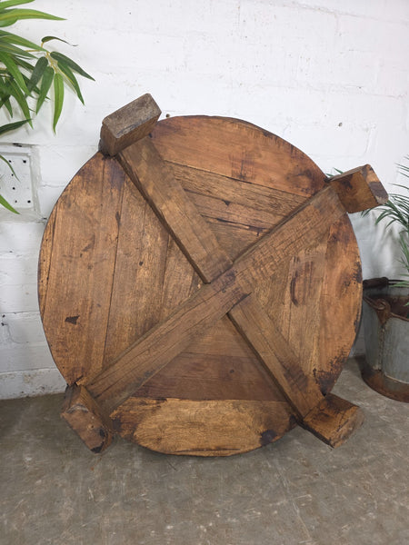 Vintage Reclaimed Wabi Sabi Indian Wooden Spice Grinding Chakki Low Coffee Table
