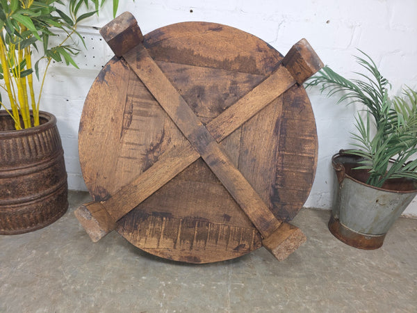 Vintage Reclaimed Wabi Sabi Indian Wooden Spice Grinding Chakki Low Coffee Table