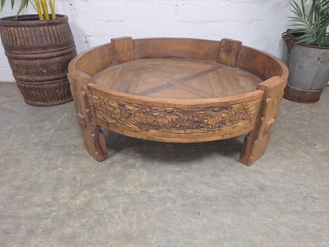 Vintage Reclaimed Wabi Sabi Indian Wooden Spice Grinding Chakki Low Coffee Table