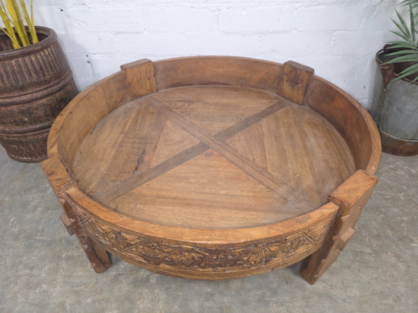 Vintage Reclaimed Wabi Sabi Indian Wooden Spice Grinding Chakki Low Coffee Table
