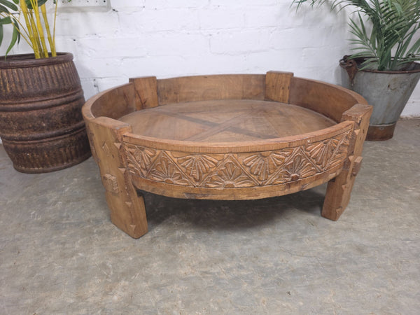 Vintage Reclaimed Wabi Sabi Indian Wooden Spice Grinding Chakki Low Coffee Table
