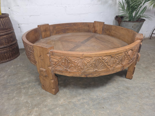 Vintage Reclaimed Wabi Sabi Indian Wooden Spice Grinding Chakki Low Coffee Table