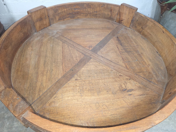 Vintage Reclaimed Wabi Sabi Indian Wooden Spice Grinding Chakki Low Coffee Table